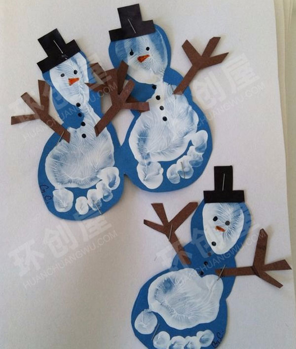 幼儿园美工区手掌和脚掌冬天主题创意雪人图片