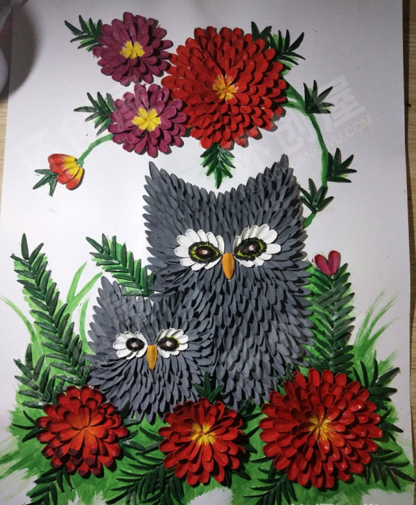 幼儿园美工区瓜子壳贴猫头鹰图片