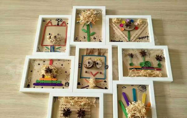 幼儿园水粉木屑纽扣雪糕棒原生态装饰画作品展示图片