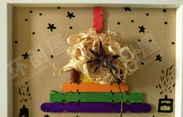 幼儿园水粉木屑纽扣雪糕棒原生态装饰画作品展示图片