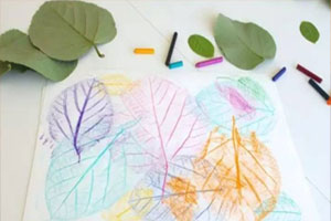 幼儿园美术区树叶拓印水彩画图片3张