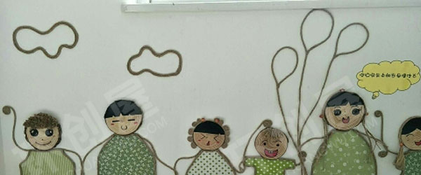 幼儿园木片棉麻线绳装饰墙面布置图片