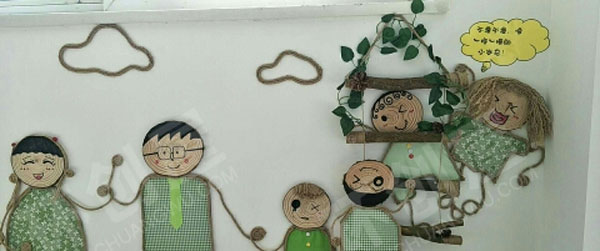 幼儿园木片棉麻线绳装饰墙面布置图片