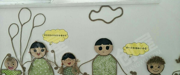 幼儿园木片棉麻线绳装饰墙面布置图片