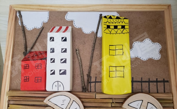 幼儿园圆木片拼贴制作木片画作品展示图片