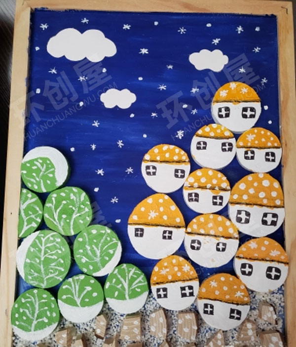 幼儿园圆木片拼贴制作木片画作品展示图片