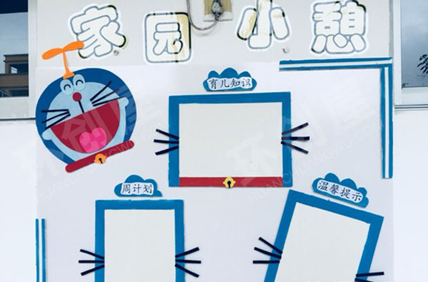 幼儿园哆啦a梦风格蓝色世界家园联系栏环创图片