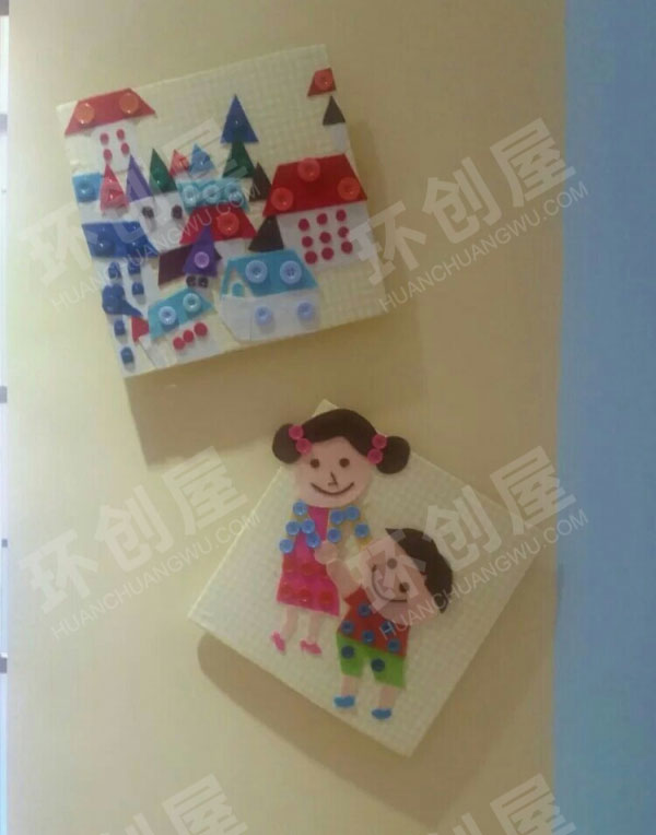 幼儿园废物利用扣子联盟走廊墙面环创图片
