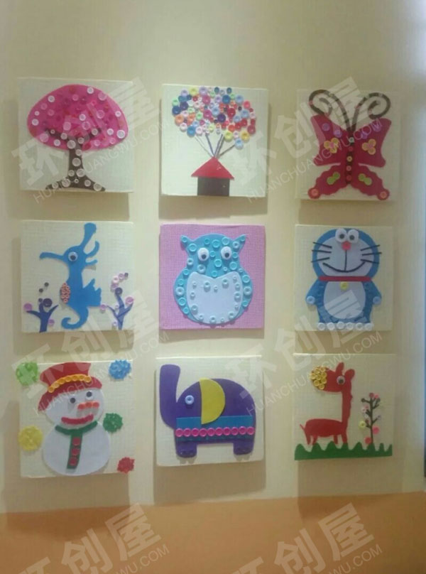 幼儿园废物利用扣子联盟走廊墙面环创图片