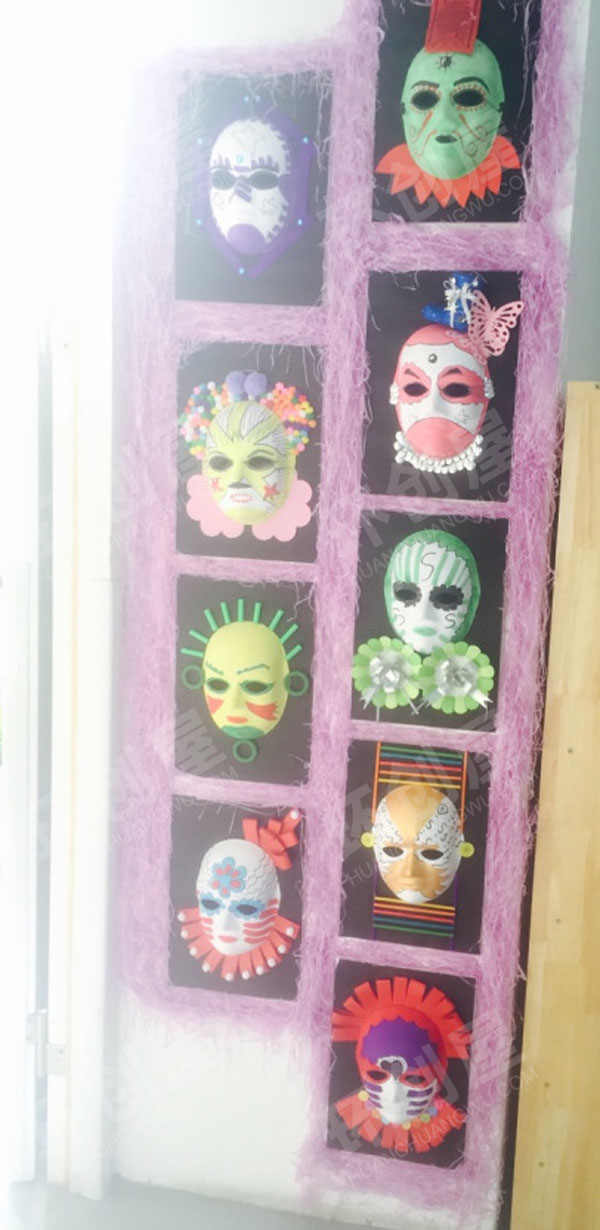 幼儿园走廊墙面面具装饰环创图片