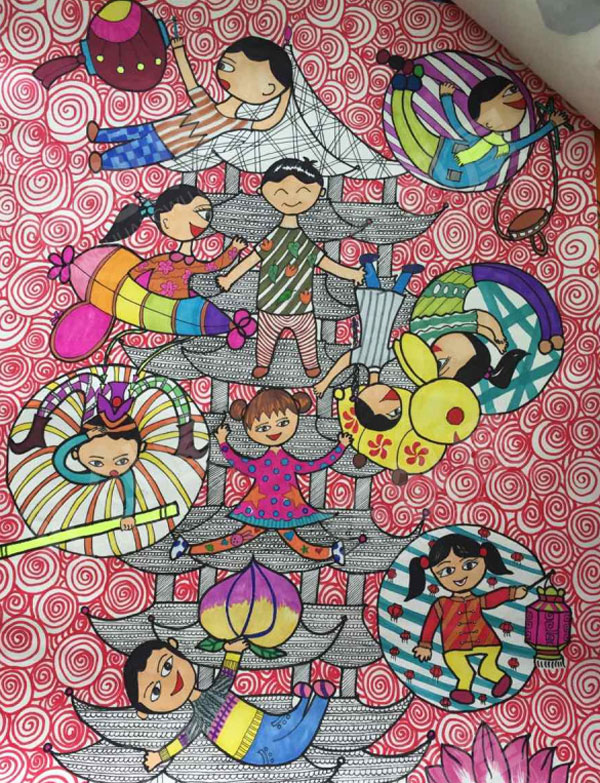 幼儿园儿童线条画彩色作品展示环创图片