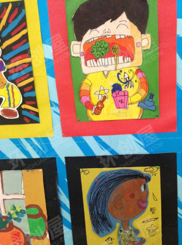 幼儿园儿童线条画彩色作品展示环创图片