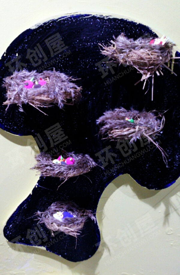 幼儿园彩色藤条球树枝加鸟窝墙面布置环创图片