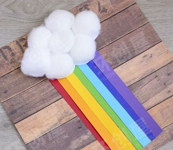 幼儿园纸碟棉花做出彩虹吊饰环创图片