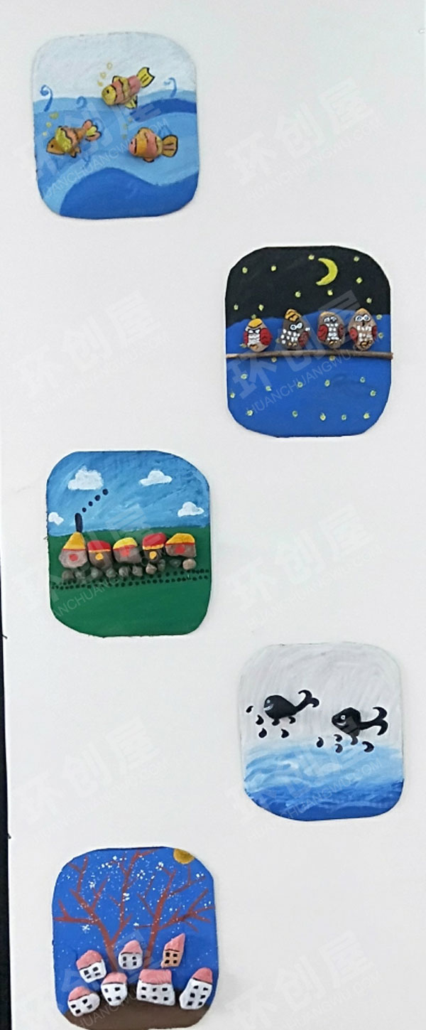 幼儿园小小石头画墙面作品展示图片