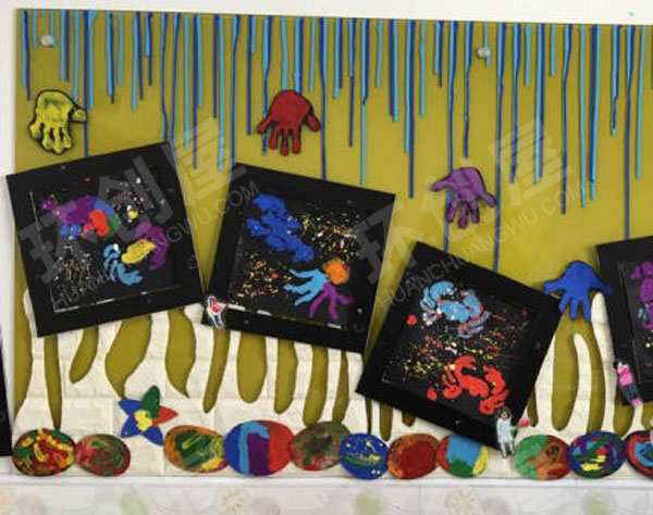 幼儿园美工区水粉颜料海底世界切水果环创图片