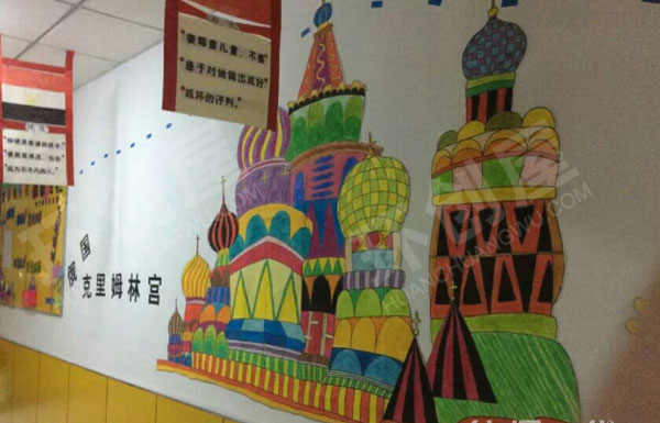 幼儿园走廊墙饰各国建筑环创图片