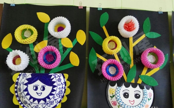 幼儿园水果网废物利用纸盘插花瓶墙面环创图片