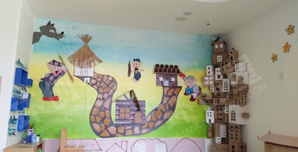 幼儿园建构区三只小猪盖房子环创图片